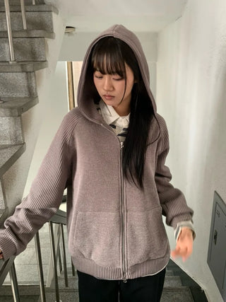 Knit Mix Ribbed Raglan Boxy Off-Fit Zip-Up Hoodie