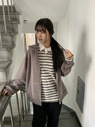 Knit Mix Ribbed Raglan Boxy Off-Fit Zip-Up Hoodie