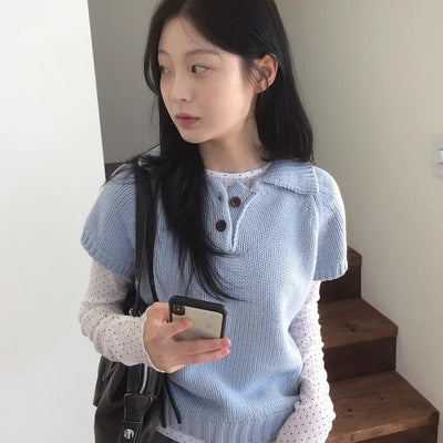 Button Short Sleeve Collared Basic Knit