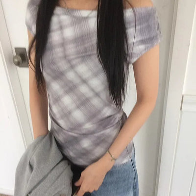 Vintage Tone-Down Check Shirred Halter Sleeveless T-Shirt