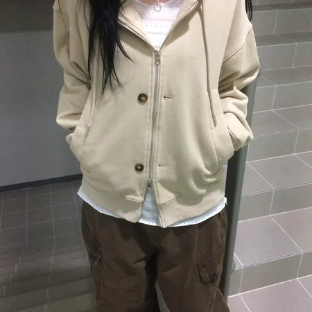 Button Dual Two-Way Oversized Zip-Up Hoodie