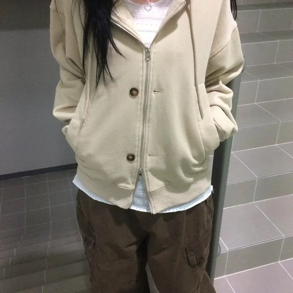 Button Dual Two-Way Oversized Zip-Up Hoodie