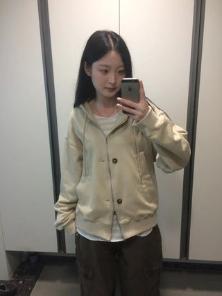 Button Dual Two-Way Oversized Zip-Up Hoodie