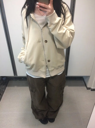 Button Dual Two-Way Oversized Zip-Up Hoodie