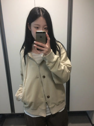 Button Dual Two-Way Oversized Zip-Up Hoodie