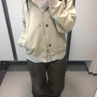 Button Dual Two-Way Oversized Zip-Up Hoodie