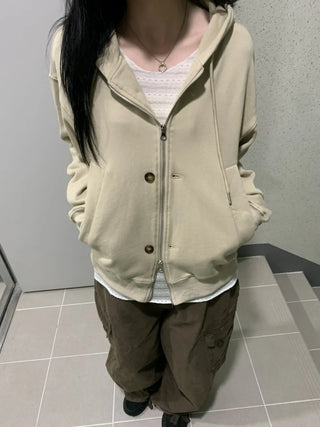 Button Dual Two-Way Oversized Zip-Up Hoodie