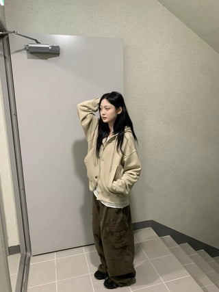 Button Dual Two-Way Oversized Zip-Up Hoodie
