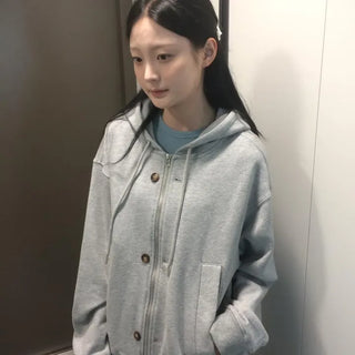 Button Dual Two-Way Oversized Zip-Up Hoodie