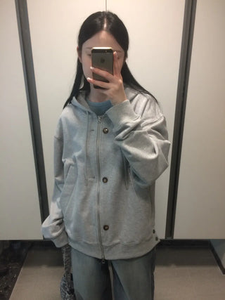 Button Dual Two-Way Oversized Zip-Up Hoodie