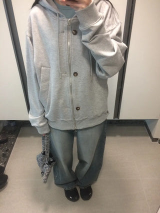 Button Dual Two-Way Oversized Zip-Up Hoodie