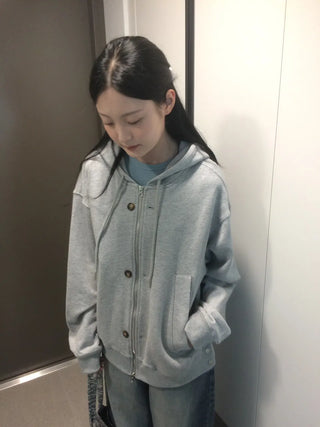 Button Dual Two-Way Oversized Zip-Up Hoodie