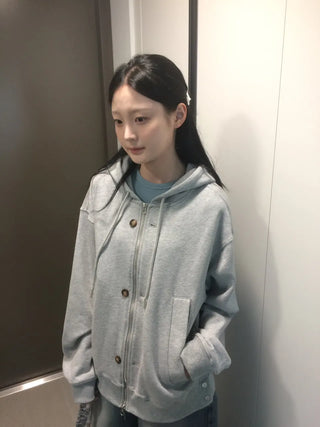 Button Dual Two-Way Oversized Zip-Up Hoodie