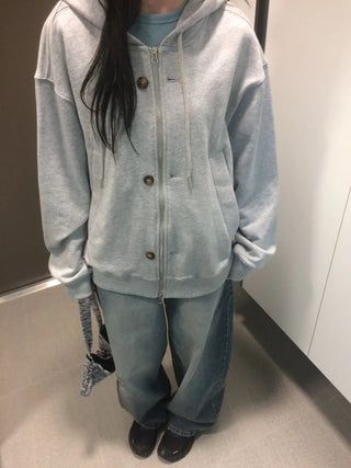 Button Dual Two-Way Oversized Zip-Up Hoodie