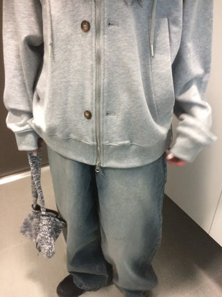 Button Dual Two-Way Oversized Zip-Up Hoodie