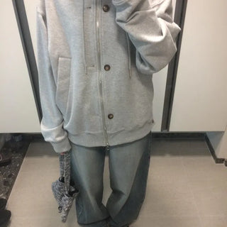 Button Dual Two-Way Oversized Zip-Up Hoodie