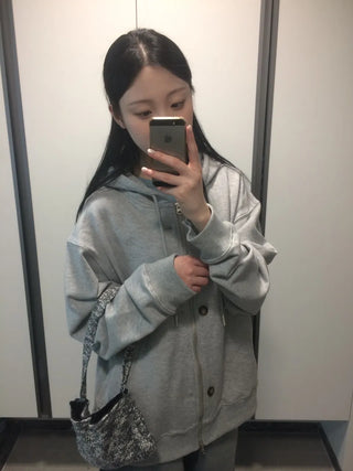Button Dual Two-Way Oversized Zip-Up Hoodie