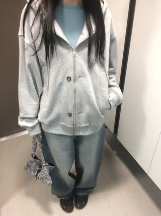 Button Dual Two-Way Oversized Zip-Up Hoodie