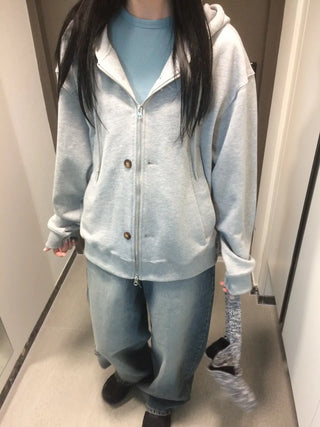 Button Dual Two-Way Oversized Zip-Up Hoodie