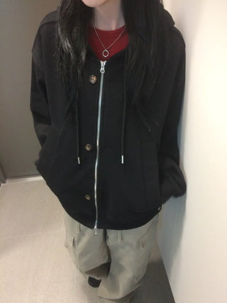 Button Dual Two-Way Oversized Zip-Up Hoodie