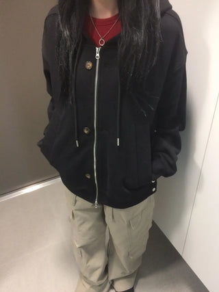 Button Dual Two-Way Oversized Zip-Up Hoodie