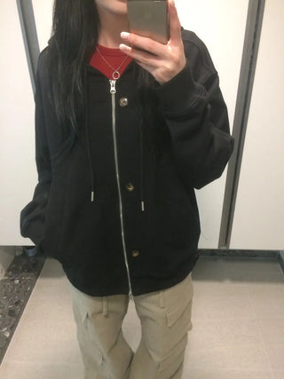 Button Dual Two-Way Oversized Zip-Up Hoodie