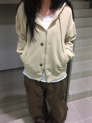 Button Dual Two-Way Oversized Zip-Up Hoodie