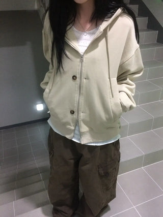 Button Dual Two-Way Oversized Zip-Up Hoodie