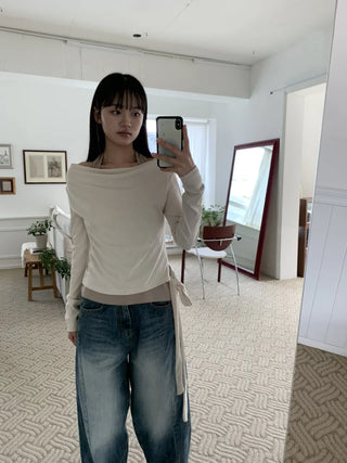 Halter Layered Drape Strap Long Sleeve T-shirt