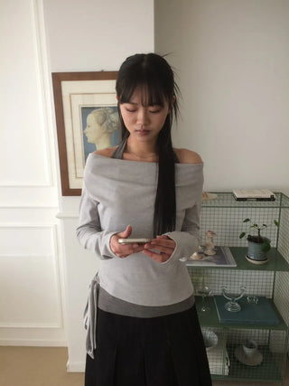 Halter Layered Drape Strap Long Sleeve T-shirt