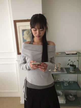 Halter Layered Drape Strap Long Sleeve T-shirt