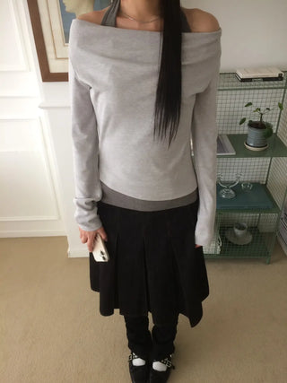 Halter Layered Drape Strap Long Sleeve T-shirt