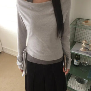 Halter Layered Drape Strap Long Sleeve T-shirt