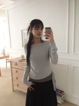 Halter Layered Drape Strap Long Sleeve T-shirt