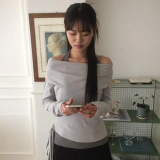 Halter Layered Drape Strap Long Sleeve T-shirt