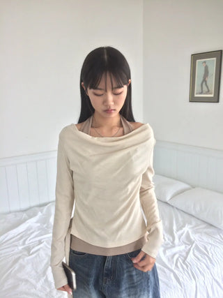 Halter Layered Drape Strap Long Sleeve T-shirt