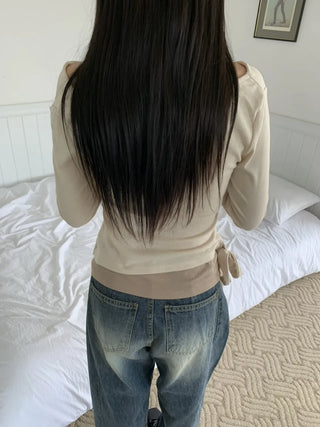 Halter Layered Drape Strap Long Sleeve T-shirt