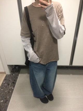 Layered Boxy Oversized Short Sleeve and Long Sleeve T-shirt
