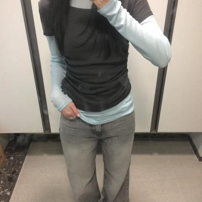 Tencel Color Block Stretch Fit Long Sleeve T-shirt