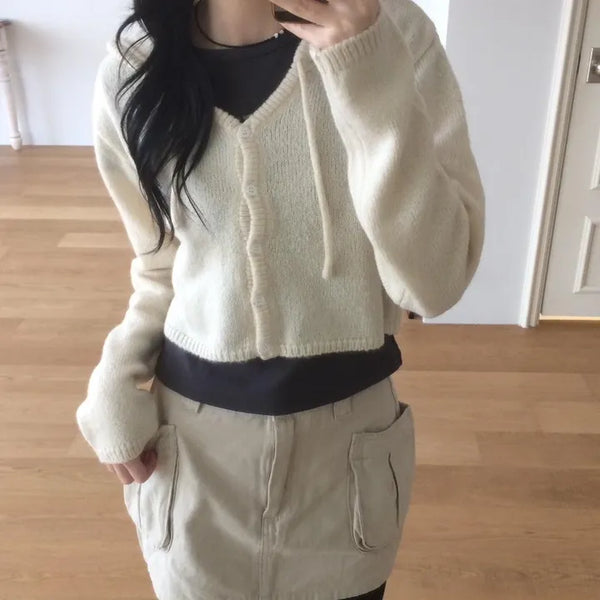 Daily Crop Button Hooded Knit Cardigan