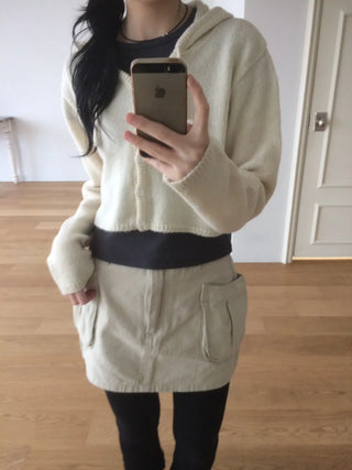 Daily Crop Button Hooded Knit Cardigan