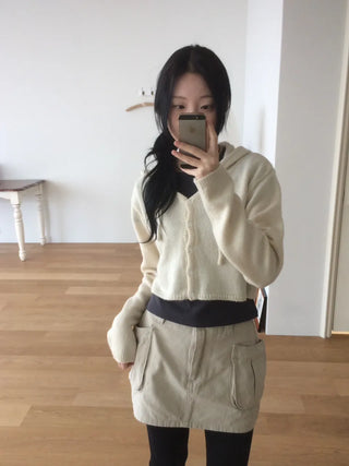 Daily Crop Button Hooded Knit Cardigan
