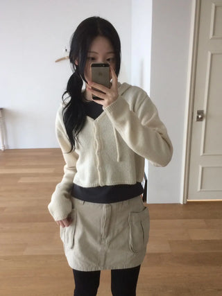 Daily Crop Button Hooded Knit Cardigan