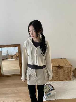 Daily Crop Button Hooded Knit Cardigan