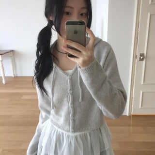 Daily Crop Button Hooded Knit Cardigan
