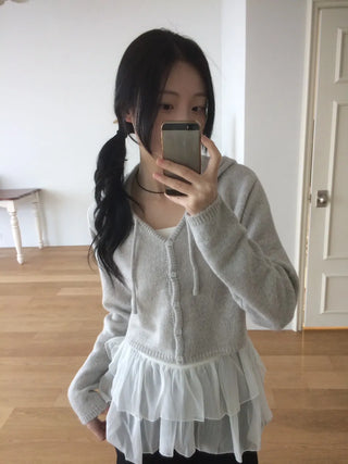 Daily Crop Button Hooded Knit Cardigan