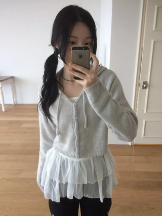 Daily Crop Button Hooded Knit Cardigan