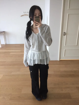 Daily Crop Button Hooded Knit Cardigan