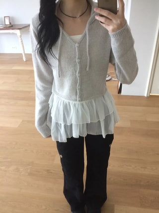 Daily Crop Button Hooded Knit Cardigan