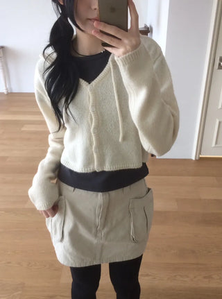 Daily Crop Button Hooded Knit Cardigan